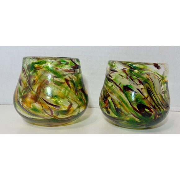 Other - Handblown Art Glass Candle Holder Green Amber Swirl Unique Pair